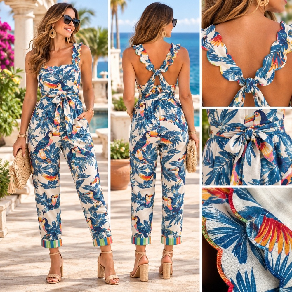 Farm Rio Flying Toucans Scallop Cross Back Jumpsuit S Linen Resort Tropical